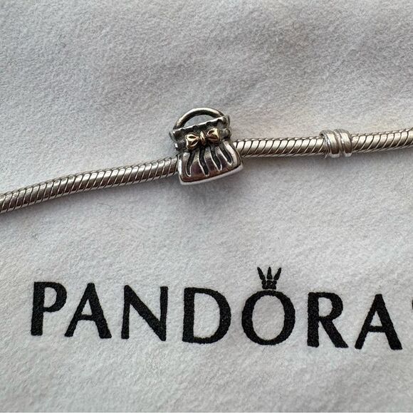 PANDORA Retired Bow Purse Handbag Bead Silver and Gold Charm 790474 - Picture 1 of 5